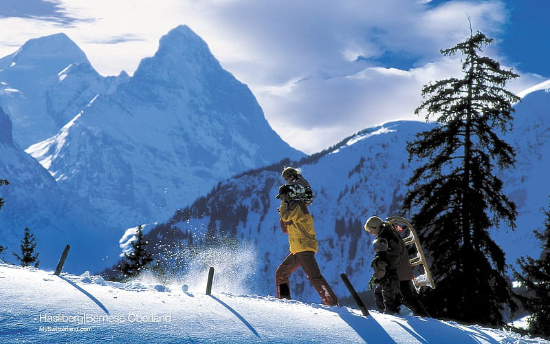 Winter holiday resort on a sunny terrace-Switzerland skiing holidays, HD wallpaper
