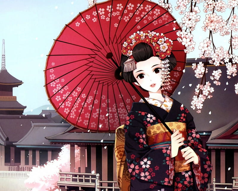 Anime manga girls in traditional Japanese kimono costume holding paper  umbrella. Vector illustration on isolated background 11203923 Vector Art at  Vecteezy