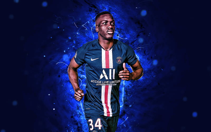 Stanley Nsoki season 2019-2020, french footballers, defender, PSG, neon lights, Stanley Pierre Nsoki, soccer, Ligue 1, football, Paris Saint-Germain, HD wallpaper