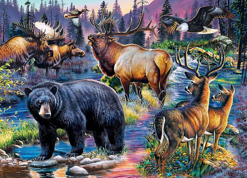 Wild Living, moose, duck, painting, bear, eagle, river, deer, artwork, HD wallpaper