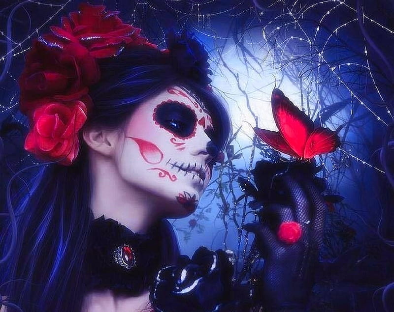 ~Sugar Skull & Red Butterfly~, sugar skull, red, holiday, halloween, love four seasons, butterflies, creative pre-made, roses, digital art, fantasy, manipulation, gothic, makeup, weird things people wear, butterfly designs, HD wallpaper