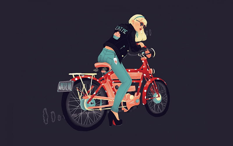 :-), red, fantasy, girl, jeans, black, motorcycle, vector, blue, HD wallpaper