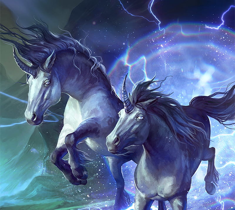Black unicorns, unicorn, dark, blue, fantasy, luminos, kasia zielinska, HD wallpaper