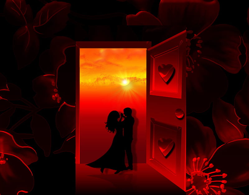 Door to my Heart, red, her, couples, new beginnings, corazones, doors, him, sunsets, love, HD wallpaper