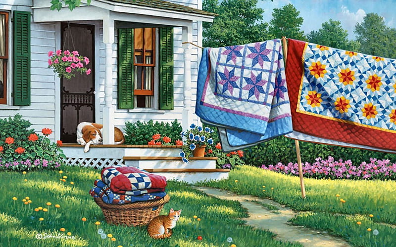Colorful Quilts F2mp, art, quilts, cat, artwork, canine, animal, pet, feline, painting, wide screen, dog, HD wallpaper