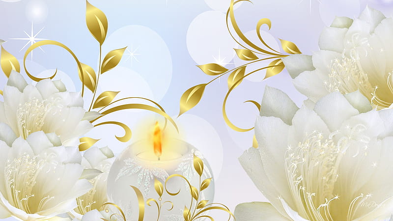 Sacred Flowers, candle, white flowers, gold leaf, pure, spring, purity, delicate, flame, summer, HD wallpaper