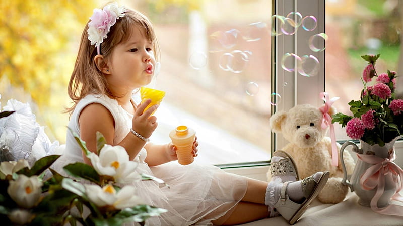 Cute Little Girl Is Sitting Near Glass Window Blowing Bubbles Wearing White Dress And Flower Headband Cute, HD wallpaper