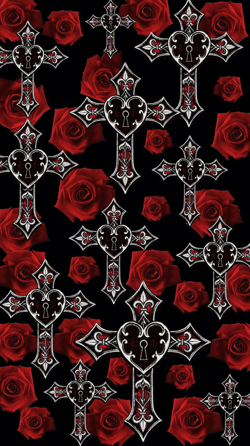 Strength in numbers, church, crosses, faith, flowers, gothic, red, religious, roses, HD phone wallpaper