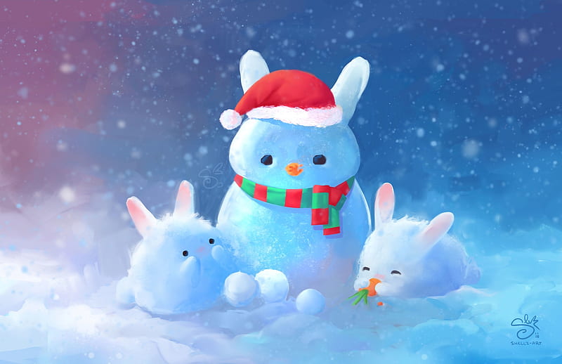 Snow bunnies, blue, iarna, red, luminos, christmas, craciun, cute, santa, fantasy, snow, bunny, shellz, white, HD wallpaper
