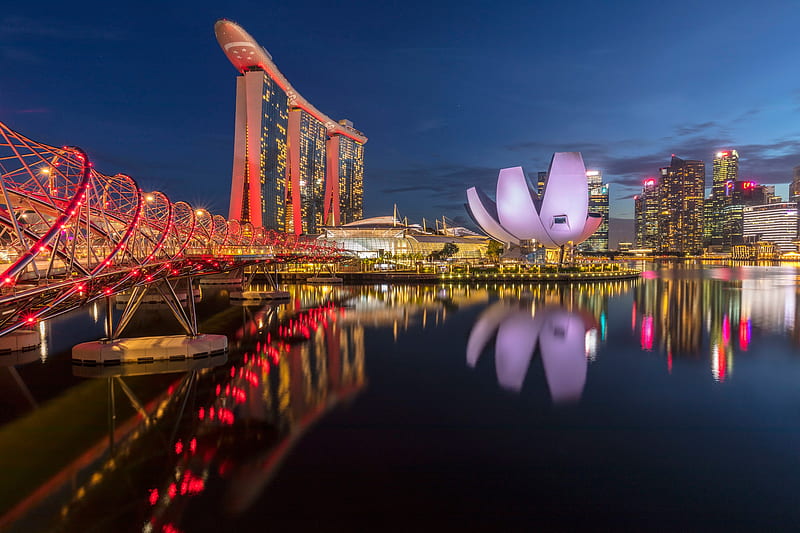 Buildings, Marina Bay Sands, Building, Night, Reflection, Singapore, HD wallpaper