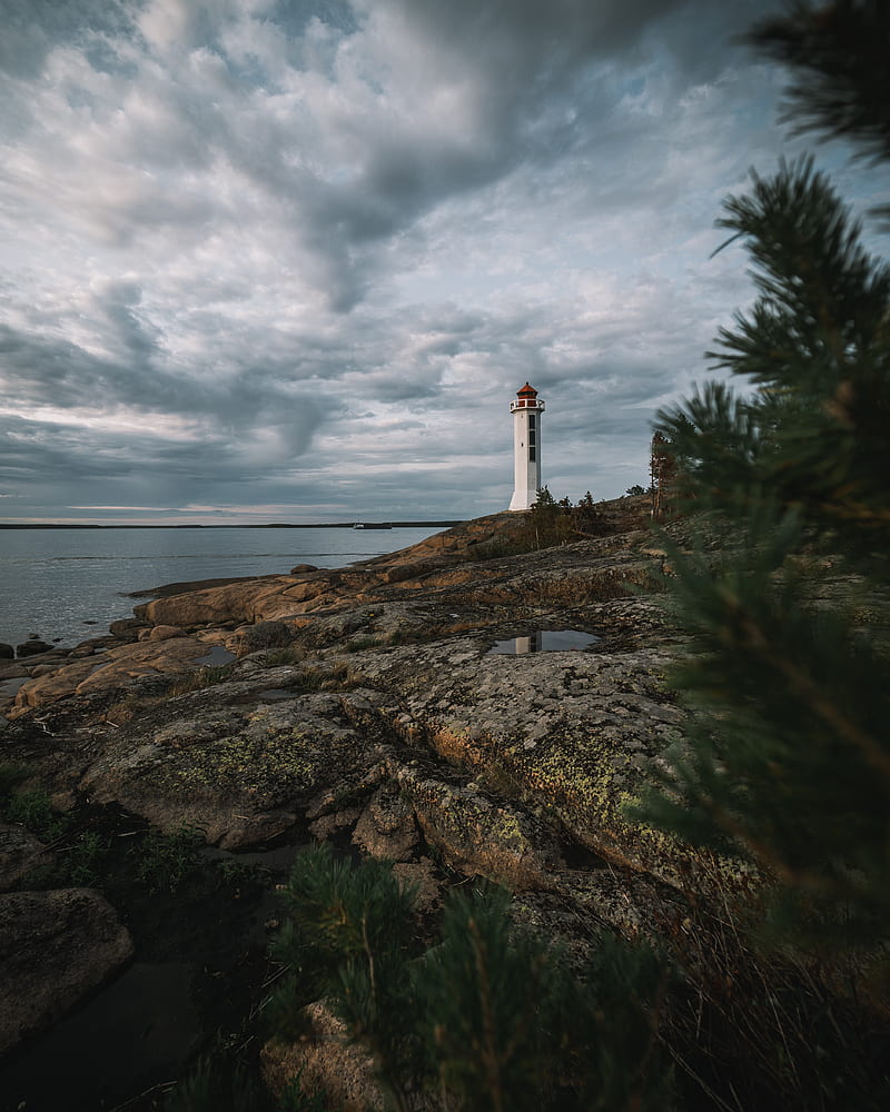 lighthouse, building, sea, rocks, sky, HD phone wallpaper
