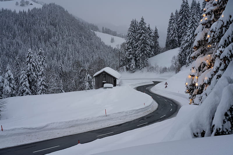 road, snow, winter, turn, HD wallpaper