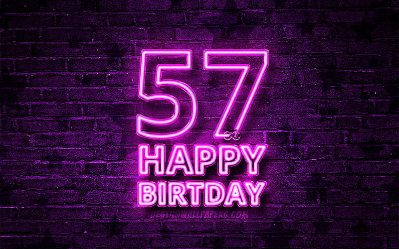 Happy 57 Years Birtay violet neon text, 57th Birtay Party, violet brickwall, Happy 57th birtay, Birtay concept, Birtay Party, 57th Birtay, HD wallpaper
