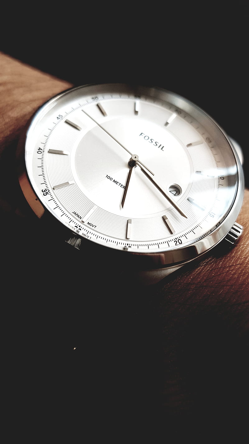 Watch, fossil, grey watch, hand, hand watch, hour, metalic watch, shadow watch, time, white watch, HD phone wallpaper