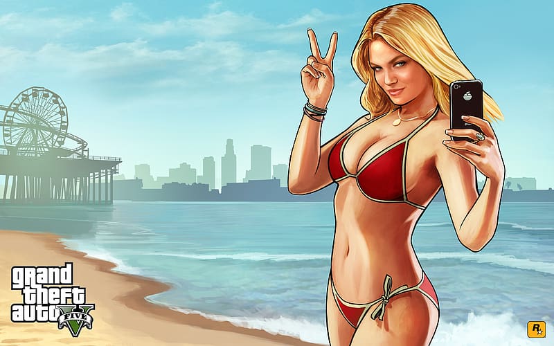 Blonde, Video Game, Bikini, Phone, Grand Theft Auto, Grand Theft Auto V, Peace Sign, HD wallpaper