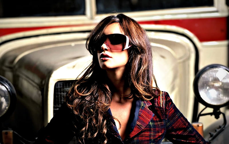 Paz Vega, red, model, woman, retro, sun glasses, girl, actress, car, white, HD wallpaper