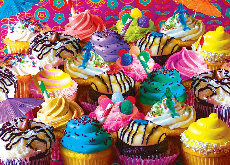 Cupcakes, colorful, food, mermaid, yellow, dessert, sweet, cupcake, jelly, pink, blue, HD wallpaper