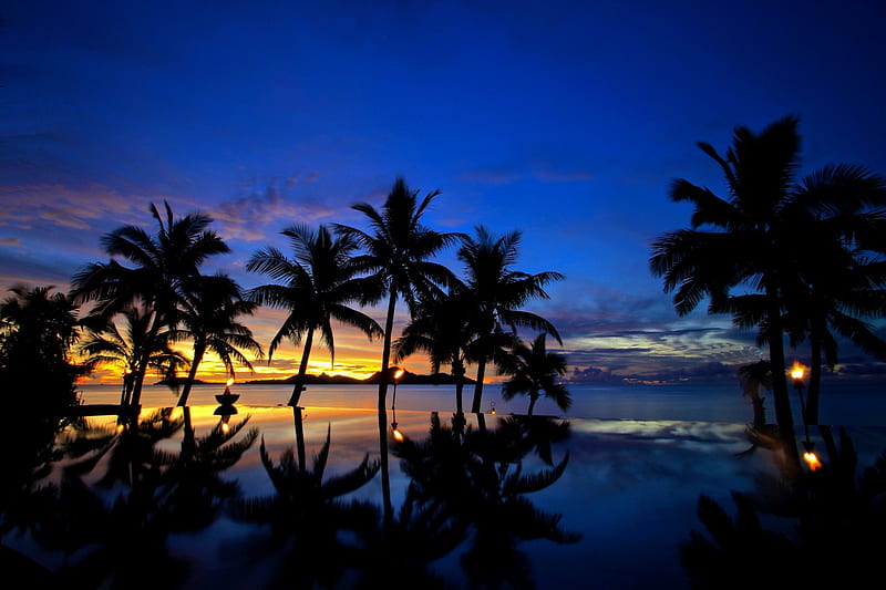 Fiji Sunset over Sea, polynesia, islands, exotic, orange, ocean, dusk, sunset, sea, beach, paradise, evening, island, reflection, tropical, fiji, night, HD wallpaper