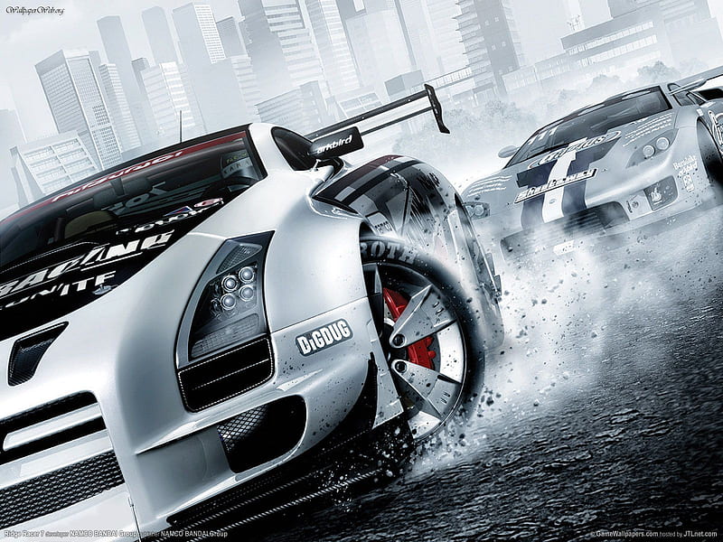 Expert, race, ridge racer, slide, video game, game, racing, driver, city, speed, two, road, street, fast, chasing, booster, carros, water, white, HD wallpaper