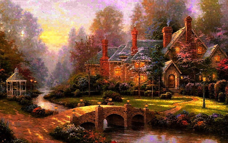 Wonderful house., house, trees, lights, water, bridge, plants, flowers, path, garden, sunshine, gazebo, HD wallpaper