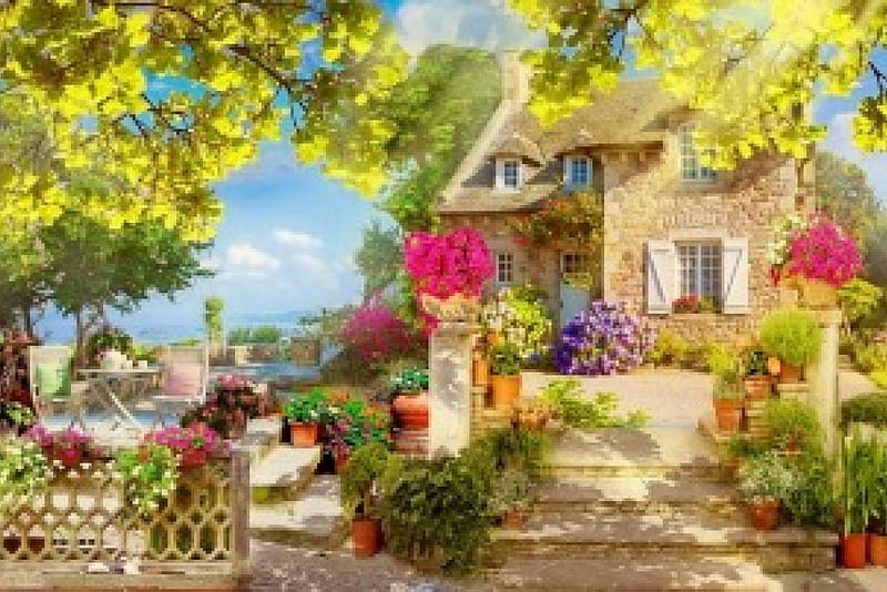 Coastal village, house, view, cottage, bonito, lake, paradise, summer, flowers, village, coast, HD wallpaper