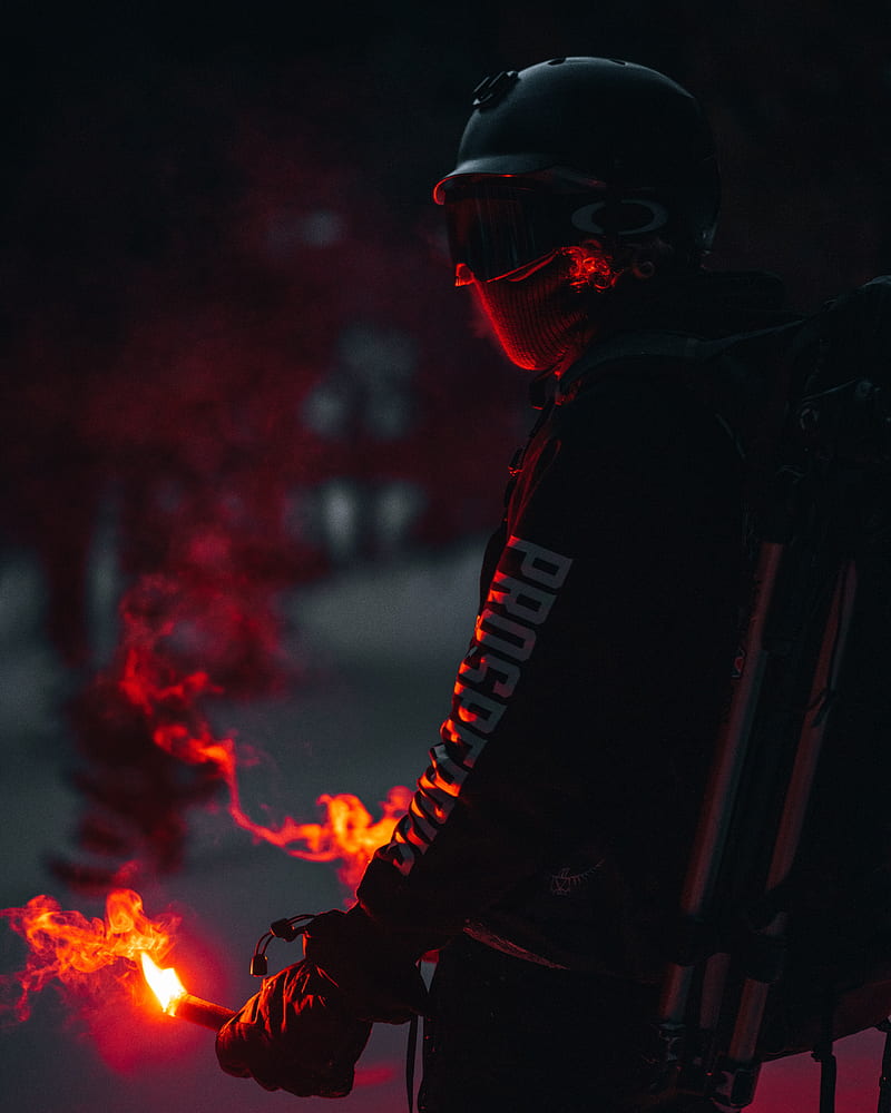 man, mask, pyrotechnics, fire, dark, HD phone wallpaper