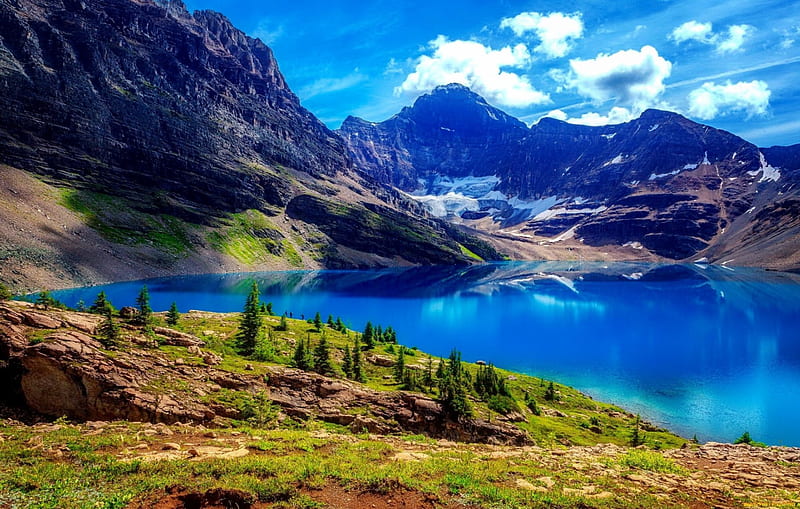 Blue mountain lake, hills, shore, grass, clear, sky, lake, mountain ...