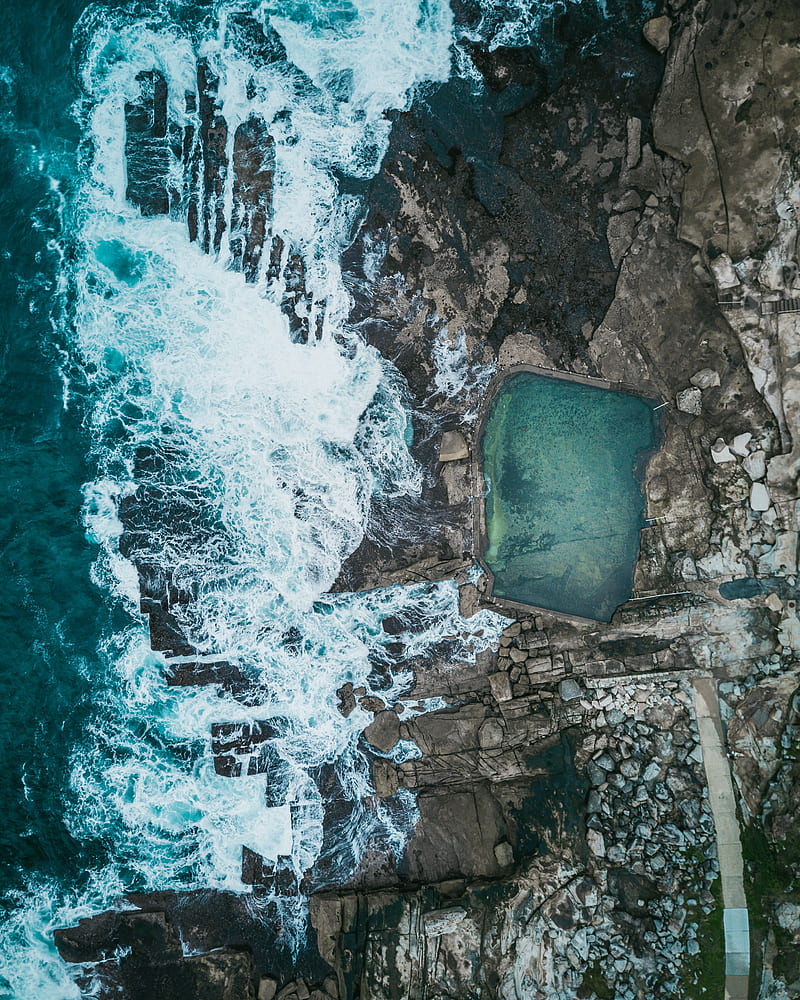 sea, coast, aerial view, stones, rocks, waves, pool, HD phone wallpaper
