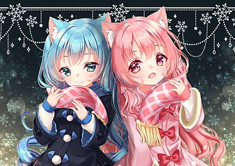 anime girls, loli, pink and blue hair, animal ears, scarf, winter, cute, Anime, HD wallpaper