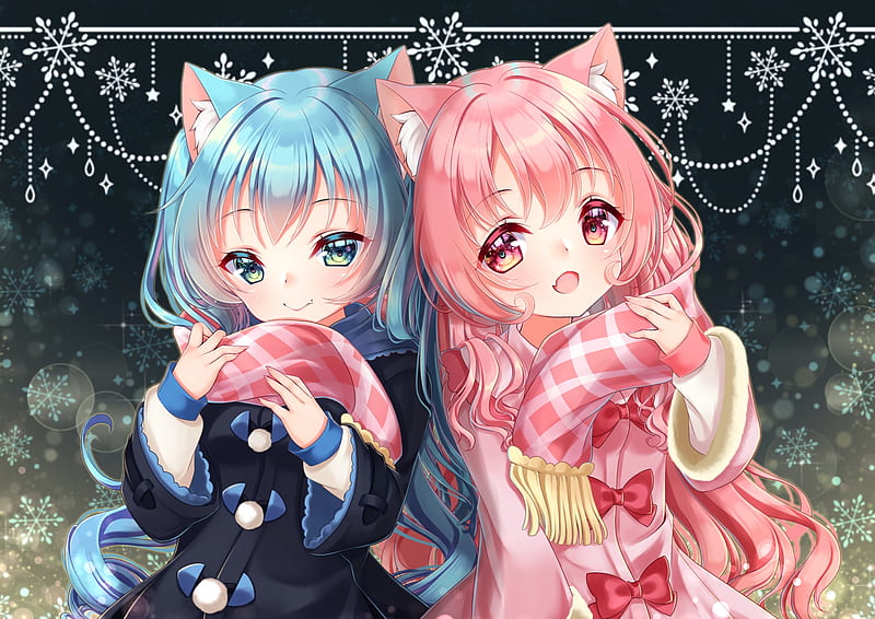 Anime girls, loli, pink and blue hair, animal ears, scarf, winter, cute,  Anime, HD wallpaper | Peakpx