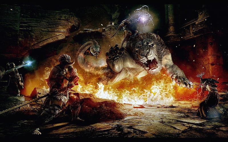 BATTLING THE HYBRID, fight, fire, lion, snake, HD wallpaper