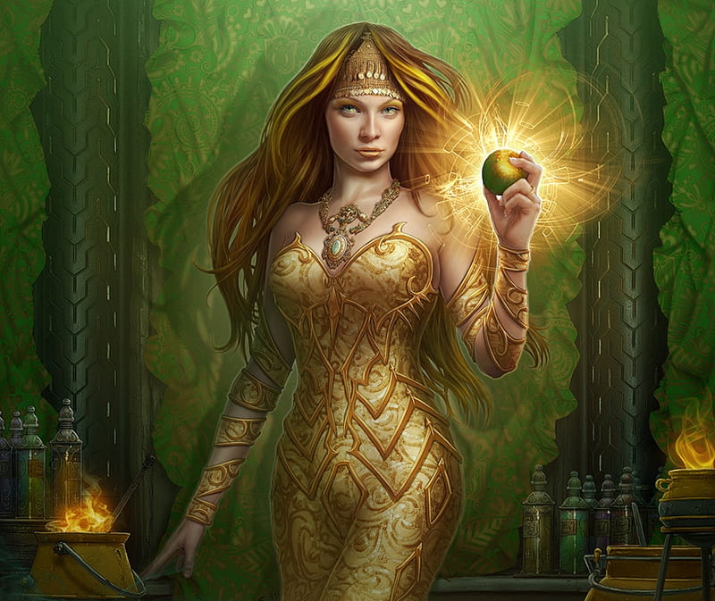 Alchemistres, kerem beyit, frumusete, fantasy, luminos, green, girl, yellow, HD wallpaper