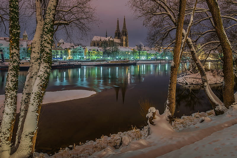 Cities, City, Bavaria, Building, Germany, Light, Regensburg, River, Snow, Winter, HD wallpaper