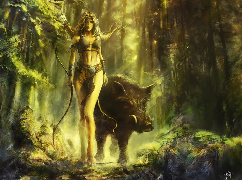 :-), girl, animal, boar, fantasy, amazon, jungle, cyrilbarreaux, HD wallpaper