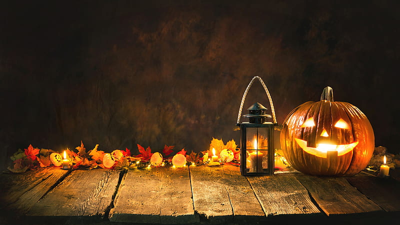 Pumpkin Face Lantern Light Red Yellow Fall Leaves Halloween, HD wallpaper