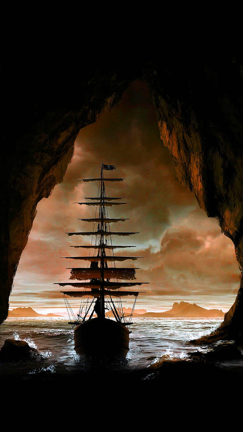 Ship, cave, sail, sailing, sea, water, HD phone wallpaper