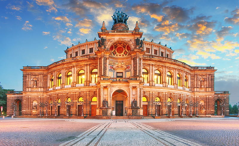 Opera in Dresden, Germany, building, semper opera, famous, sunset, clouds, sky, HD wallpaper