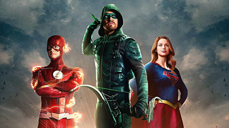 Flash, Green Arrow and Supergirl, heroes, fantasy, movie, flash, green arrow, actor, supergirl, poster, red, comics, HD wallpaper