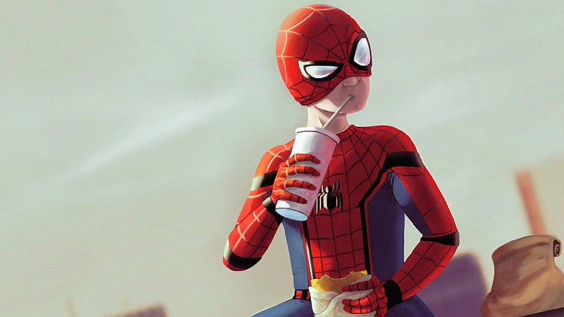Spiderman Break Time, spiderman, superheroes, burger, artstation, HD wallpaper