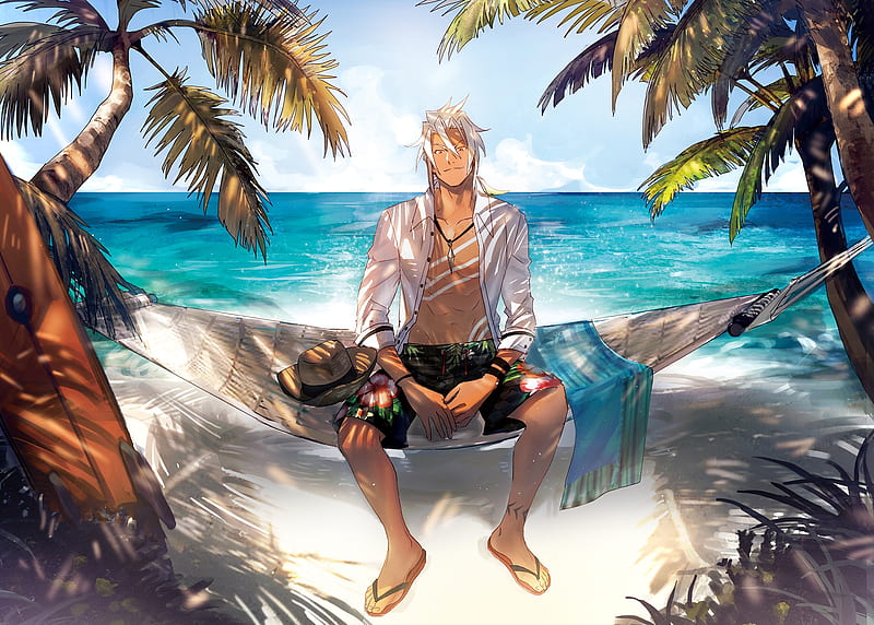 zaveid, tales of zestiria, beach, summer, hammock, necklace, palm trees, Anime, HD wallpaper