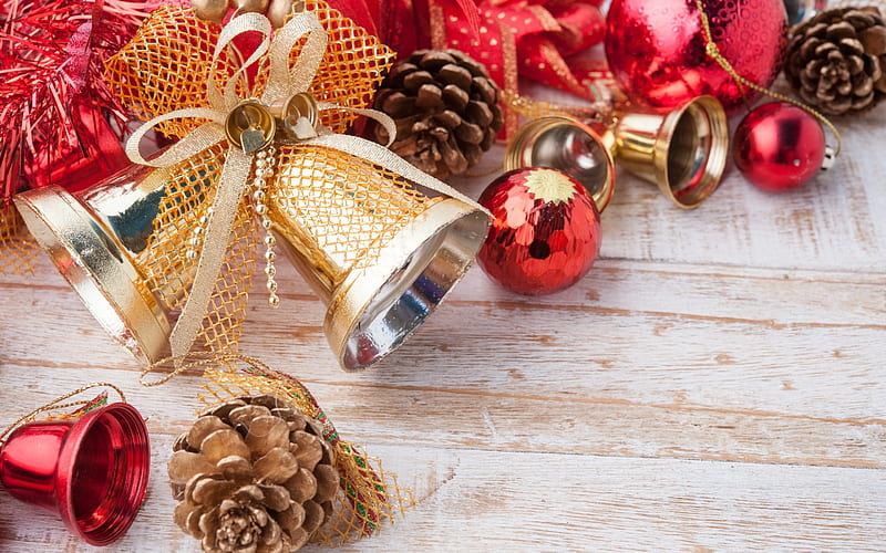New Year, golden bells, decoration, Christmas, cones, red bells, HD wallpaper