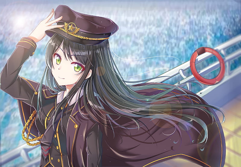 anime girl, uniform, black hair, hat, water, Anime, HD wallpaper