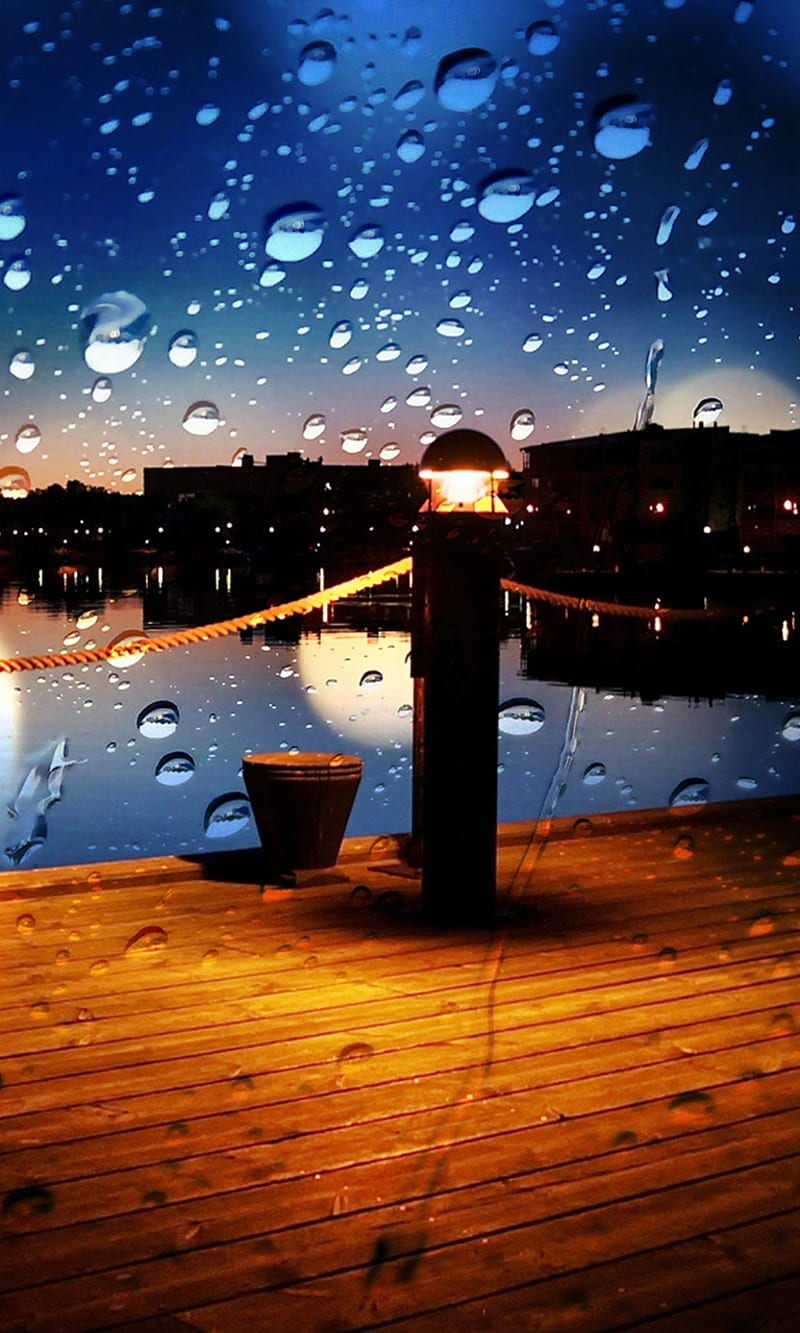 rainy night , drops, lake, nature, new, nice, rain, water, weather, wharf, HD phone wallpaper