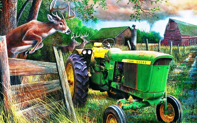 Rural Life Farm, Yellow, Trees, Tractor, Green, Deer, Farm, House, Fence, HD wallpaper