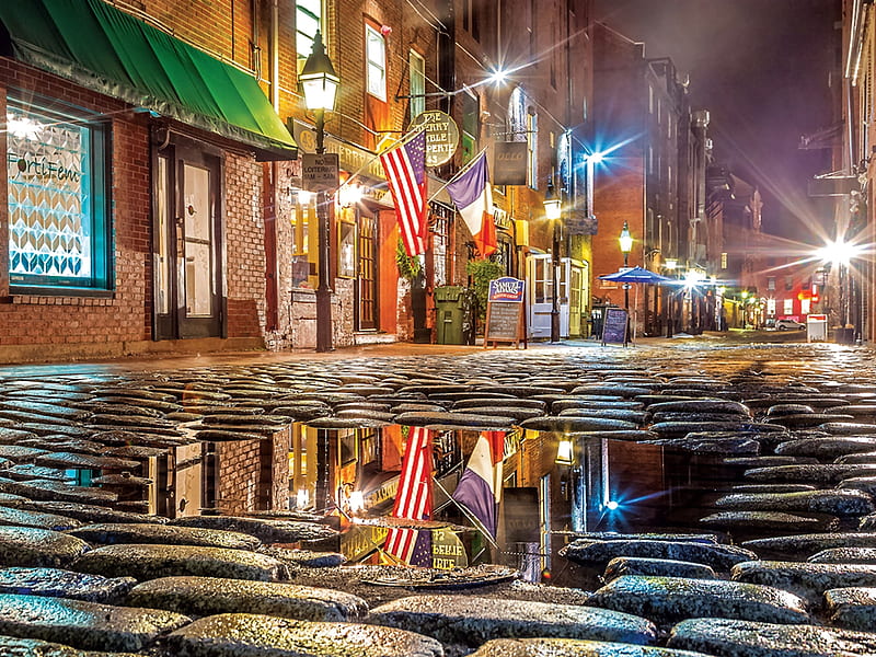 Wharf Street F1, architecture, art, wharf street, cityscape, bonito, artwork, water, flags, puddle, painting, wide screen, rain, scenery, HD wallpaper