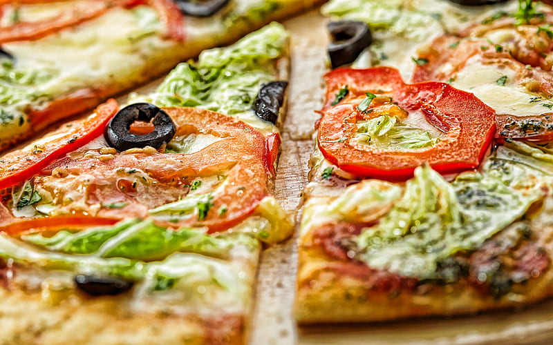 vegetable pizza, vegetarianism, pizza, fast food, pizza with tomatoes and salad, HD wallpaper