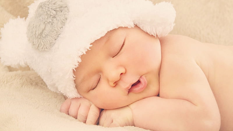Cute Baby Is Sleeping On Bed Wearing Woolen Knitted Cap Cute, HD wallpaper