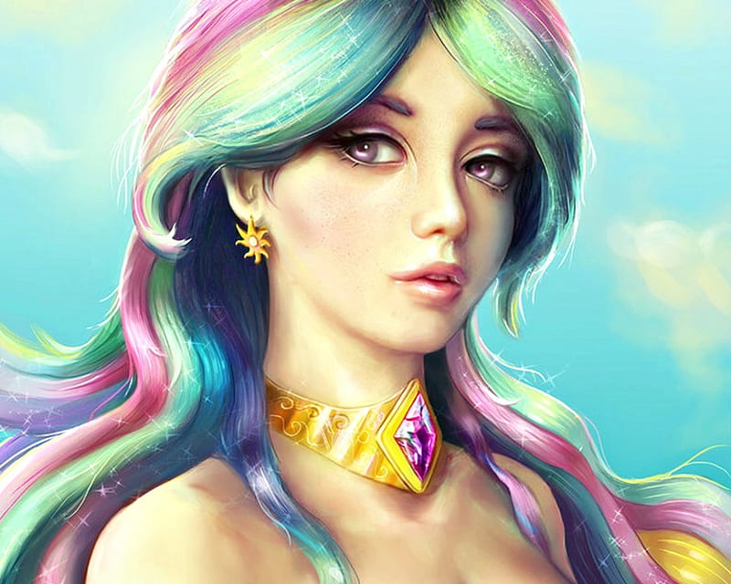 Celestia, luminos, pendant, yellow, woman, fantasy, girl, green, indiron, beauty, jewel, rainboe, face, pink, blue, HD wallpaper