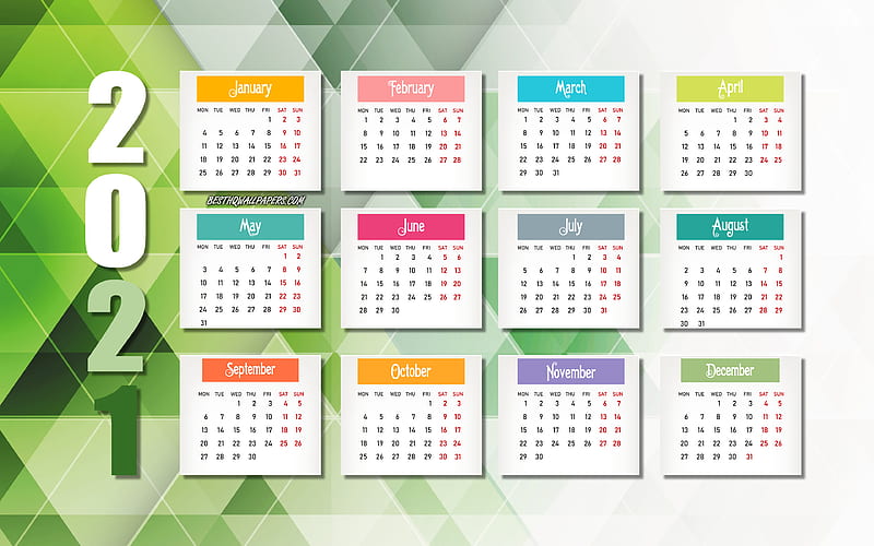 2021 Abstract green Calendar, green mosaic background, 2021 all months calendar, 2021 green paper elements, 2021 concepts, 2021 New Year, 2021 Calendar, HD wallpaper
