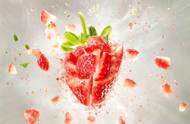 Strawberry Explosion Ultra, Aero, Creative, Explosion, desenho, Strawberry, Fruit, manipulation, Food, Exploding, HD wallpaper